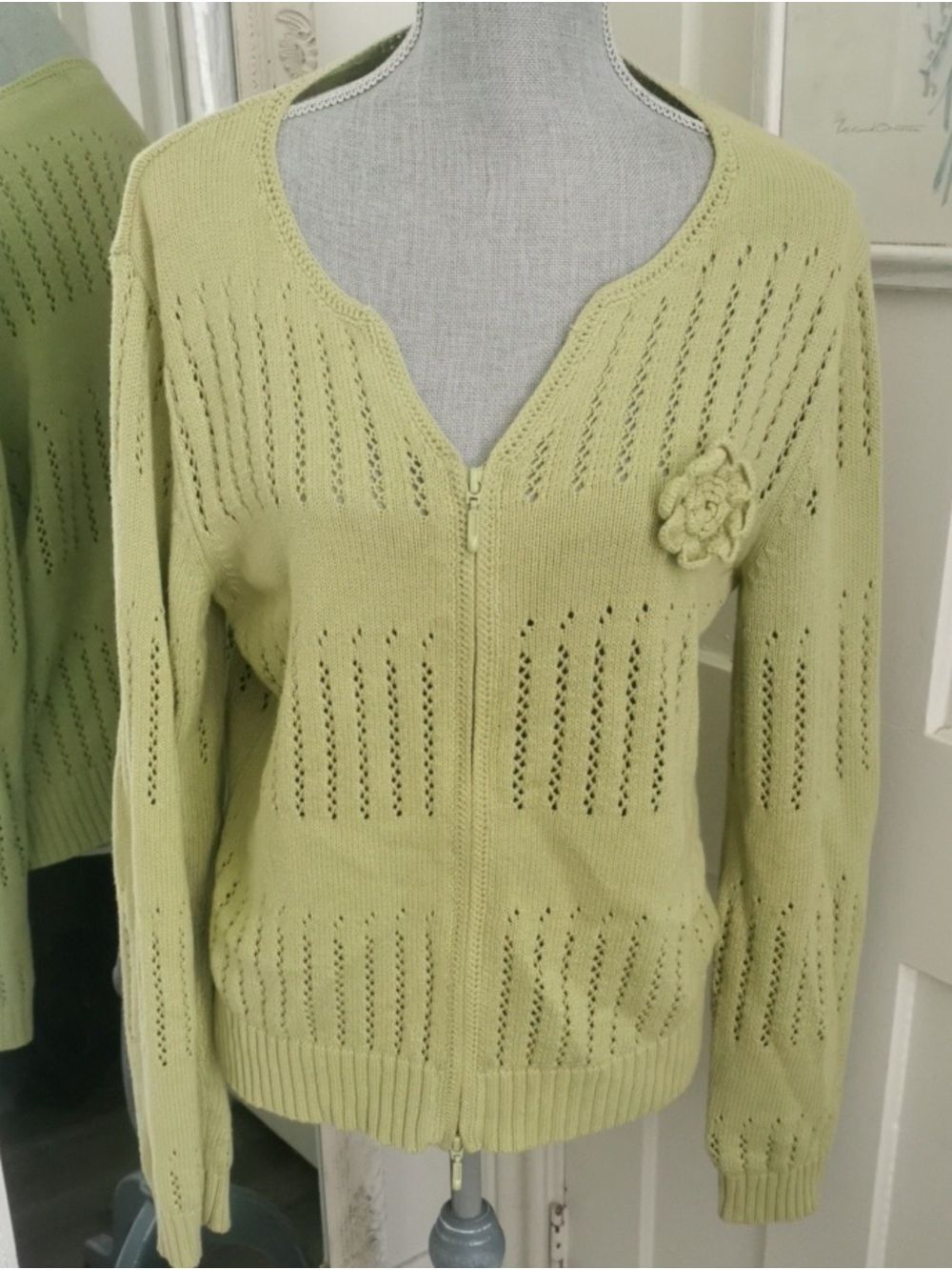 Womens Exist Cottagecore Grannycore Apple Green Women's Zip Up Knit Sweater. L